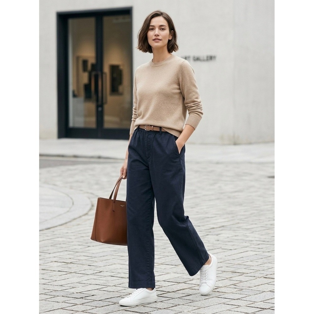 Uniqlo Navy Blue Cotton Relaxed Ankle Pants Wide Leg Elastic Waist Large 470168